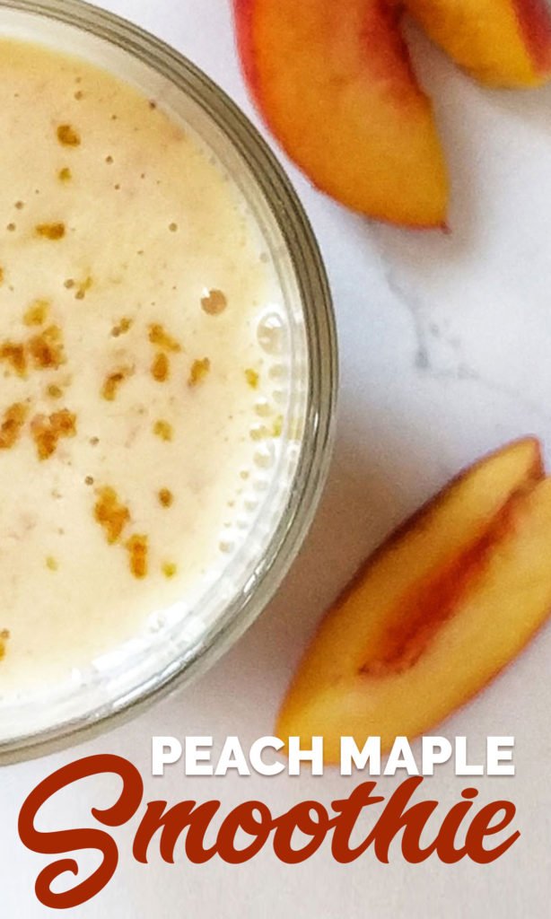 Are you looking for a way to use up all those gorgeous peaches this season? Do you love smoothies? If yes, you NEED to make this yummy, easy, 5-minute smoothie. #peaches #peachrecipes #maple #maplerecipes #smoothie #smoothierecipes #easysmoothierecipe