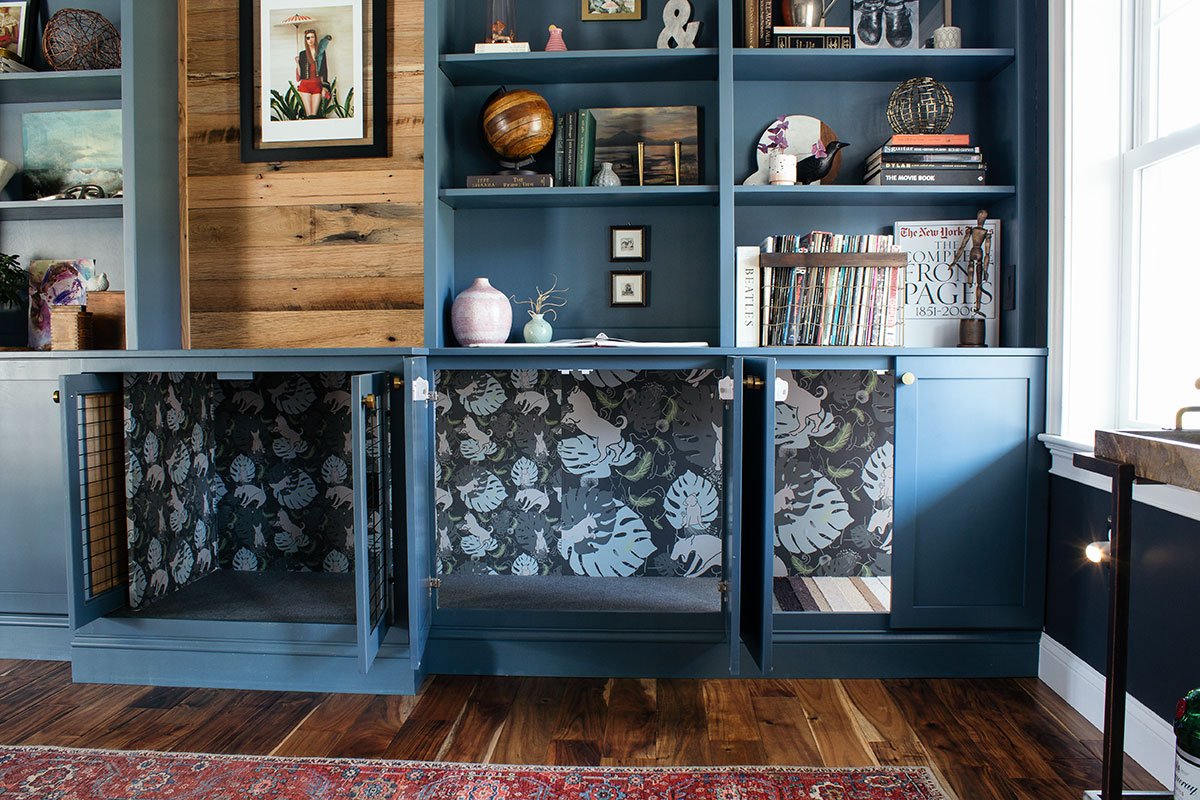 Built-in pet bed bookcase
