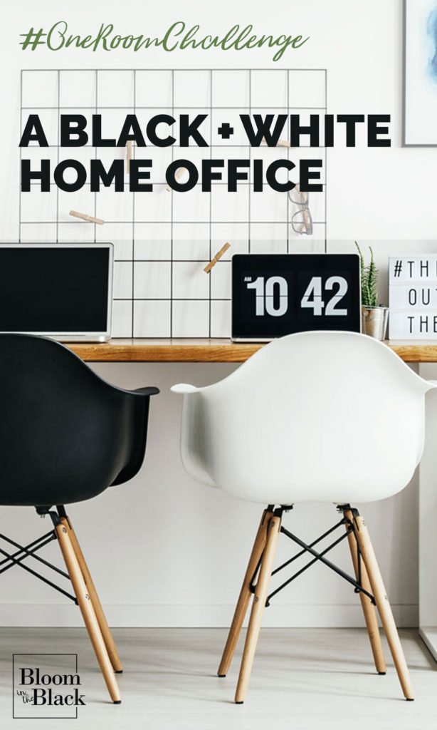If you are beginning a home office remodel this post is for you. It's Week 1 of the One Room Challenge and I am excited to share my plans for a bold, graphic, black & white home office design with pops of deep pastels. Details include a vintage rug, modern chandelier, and furniture layout ideas. #homeoffice #homeofficedesign
