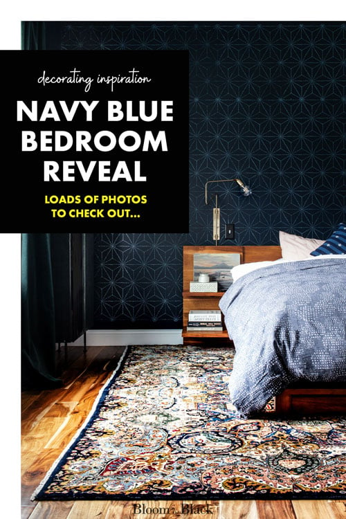 In this big navy blue master bedroom reveal, you'll get ideas for a stenciled accent wall, how to mix black and dark blue in a bedroom, and tons of photos to save for your mood boards. Be sure to check out the gorgeous guitar wall!