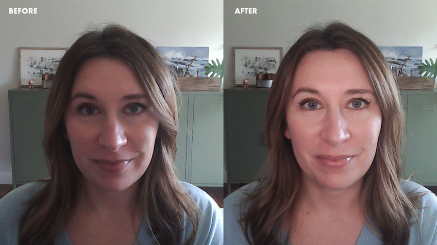 Left: Woman on a video call with bad lighting. Right: Woman on a video call with good lighting.