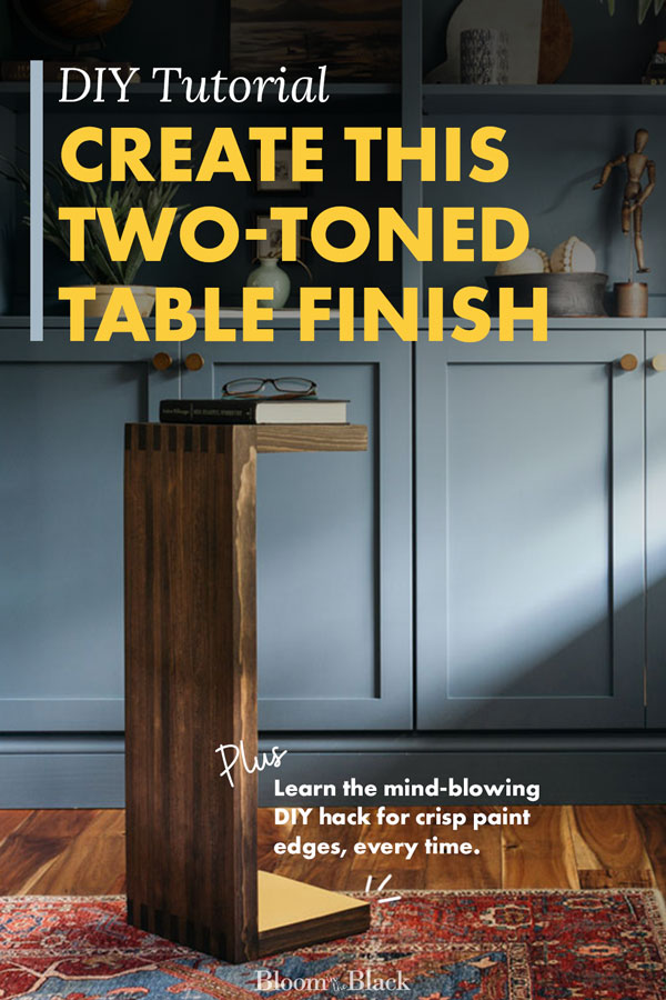 Learn to create a modern two-toned furniture finish with Fusion Mineral Paint and SFO. This Bloom in the Black tutorial includes a mind-blowing DIY hack for getting a perfect paint edge over stain. You’ll never guess the magic product I use! If you want to refinish or newly finish a raw wood piece of furniture with peekaboo color, don’t miss this DIY furniture project idea.