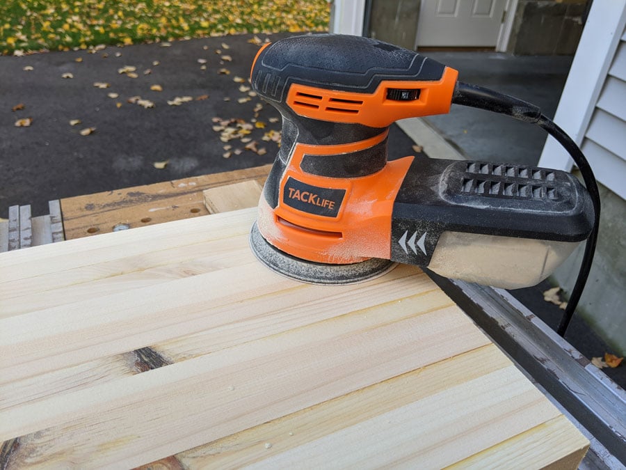 Sand the entire top of your desk smooth with 60, 80, 120, 180, then 220 grit sandpaper.