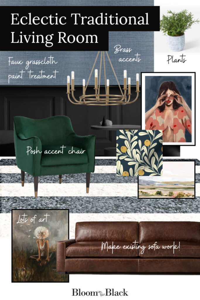 Mood board for a modern traditional living room.