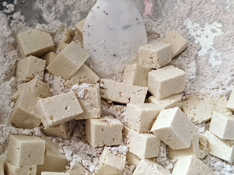 toss tofu in cornstarch and spices