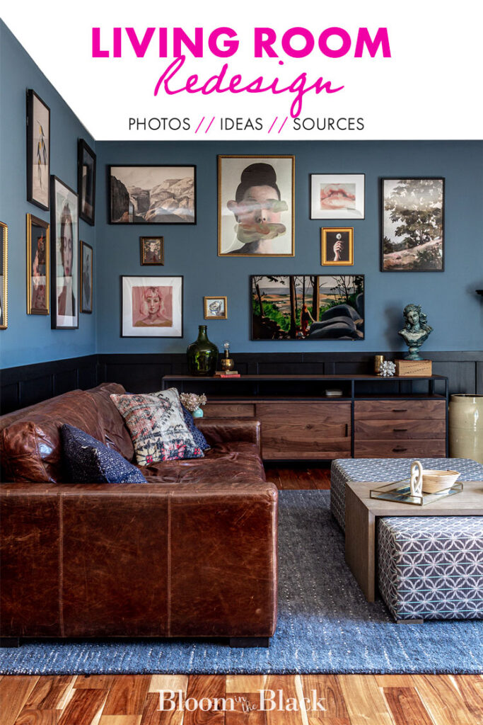 I just completed an extreme living room redesign! There are so many decor ideas in here -- especially if you're drawn to vintage revival, eclectic, or moody styles and colors. Check out that black wainscoting, those slate blue walls, and the giant salon style gallery wall!