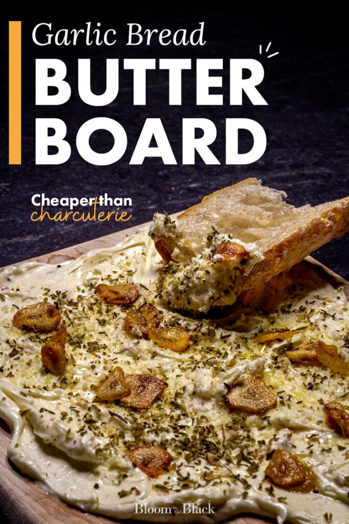 This butter board idea is the perfect budget alternative to a charcuterie board for your large family gatherings. You probably have the ingredients in your pantry already and you don't even need to wait for a party! You can make this quick recipe for a weeknight dinner. It's a great side for spaghetti and meatballs with a big green salad. Try this garlic bread butter board for your next family dinner.