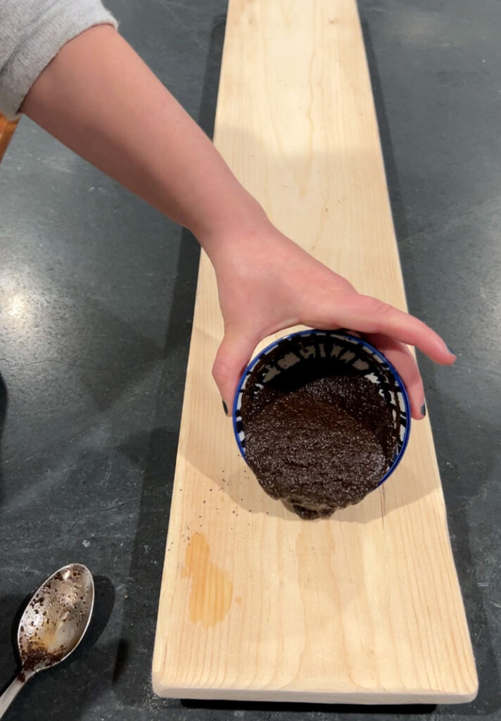Pour coffee mixture onto the wood tray