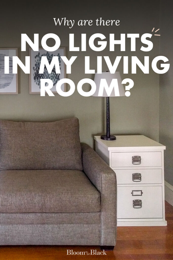 Brown couch in a green gray room next to a side table with a lamp. The copy reads, "Why are there no lights in my living room?"