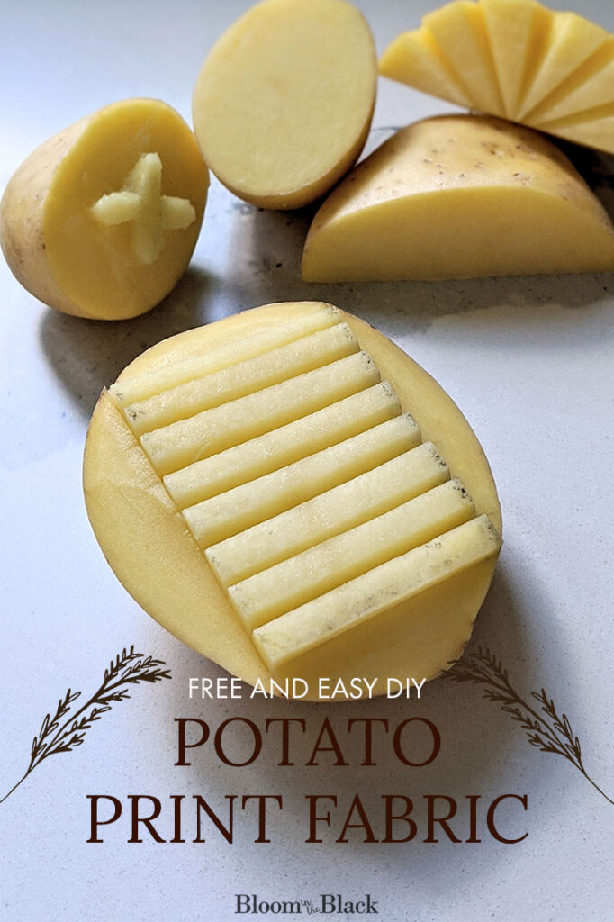Cut potato stamps on a marble counter with the words "Free and Easy DIY: Potato Print Fabric"