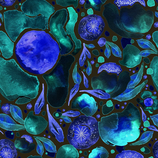 Blue and black glowing poppies on fabric