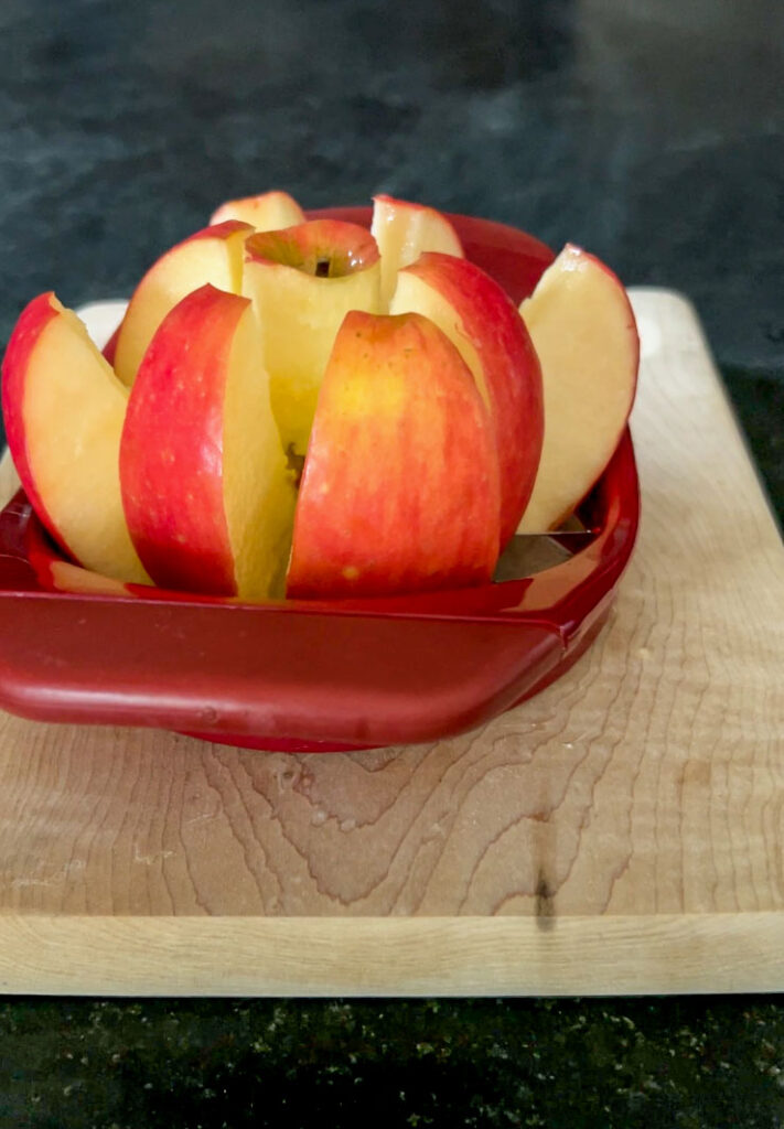 Apple cut through with apple slicer.