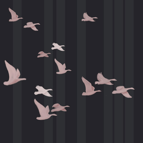 Swatch of fabric with black and grey stripes with pink birds