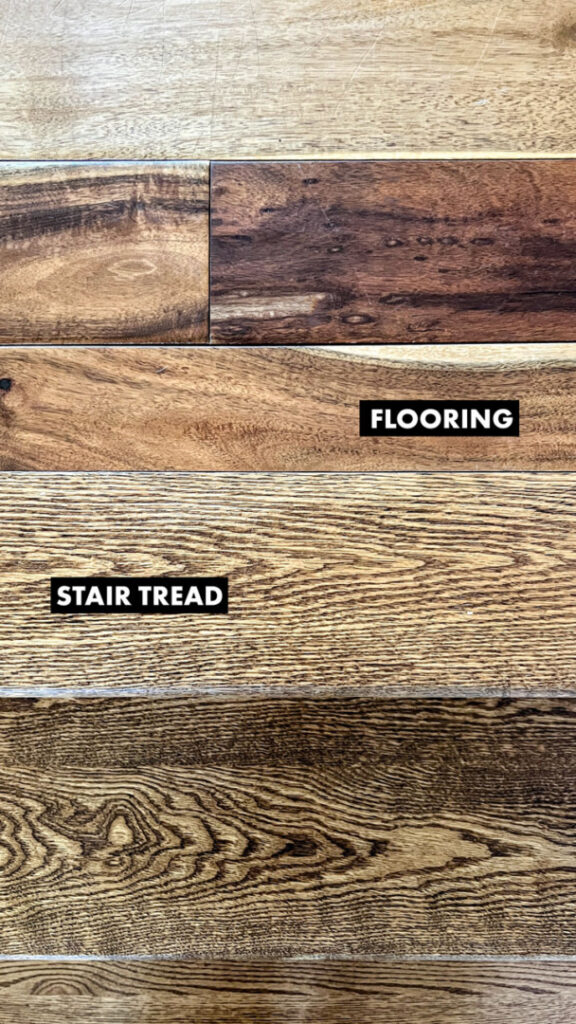 Close-up of stair threshold showing two different types of wood. The text labels the flooring on the top and the stair tread on the bottom.